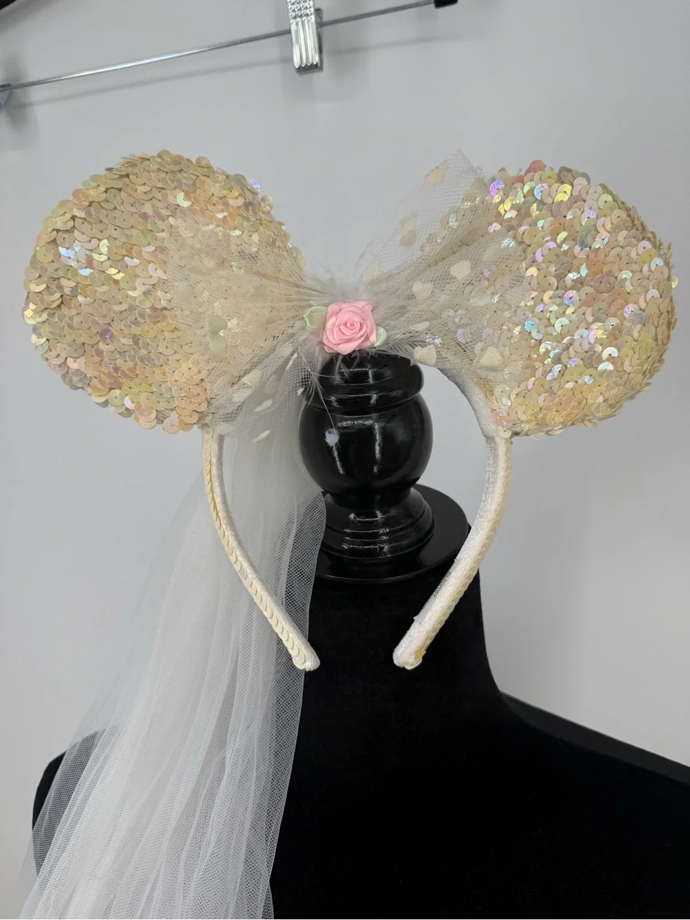 Disney Sequin Mouse Ear Headband with White Veil and Pink Rose